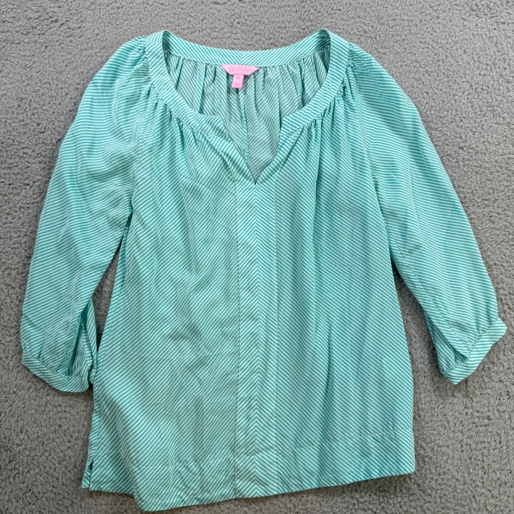 Lilly Pulitzer Silk Striped V Neck 3/4 Sleeve Tunic‎ Top Blue Womens XS